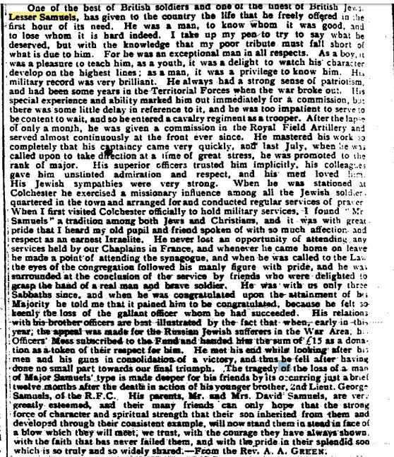 Jewish Chronicle Tribute 12/10/1917