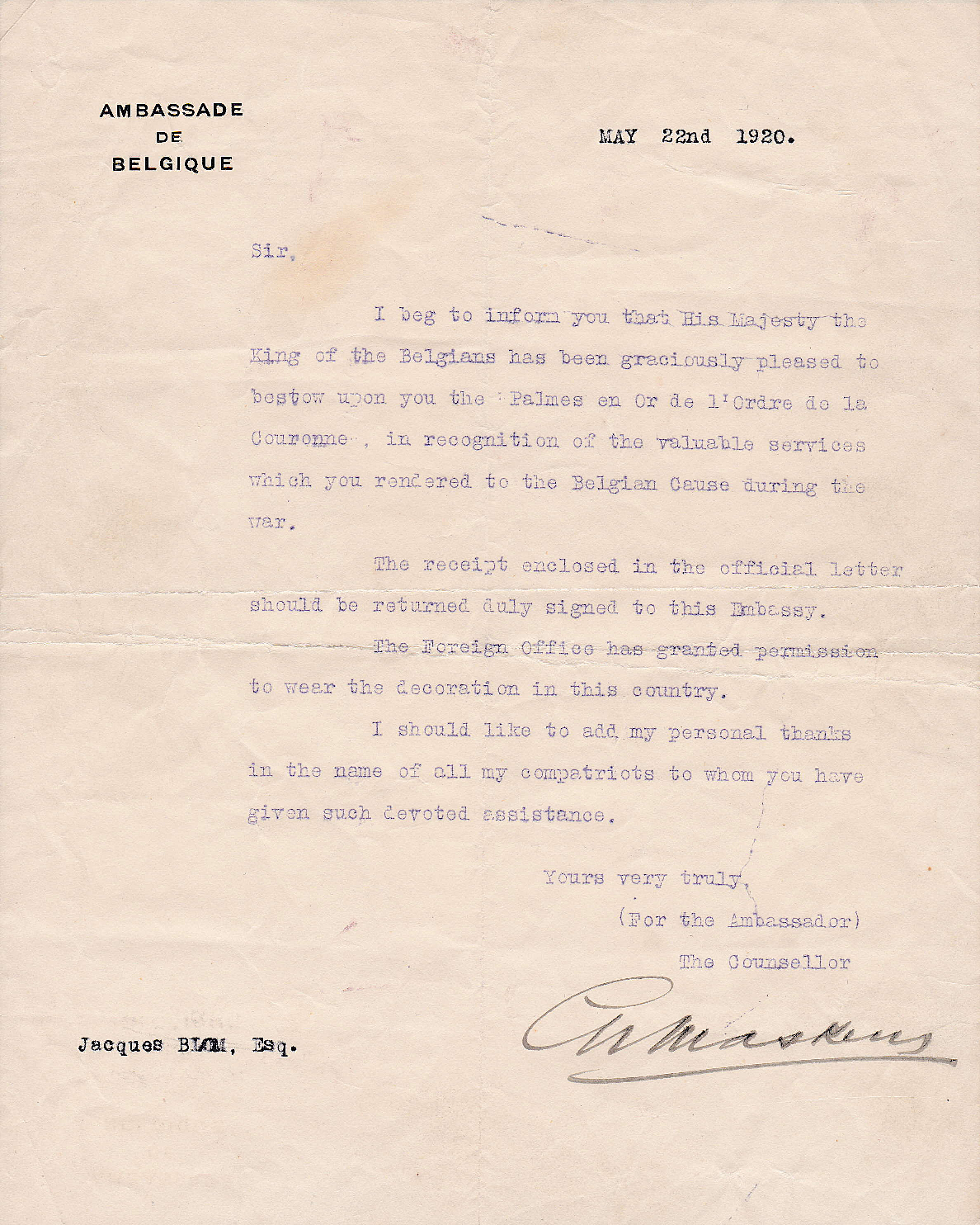 Award to Jacques Blom for his work with the Belgian refugees.