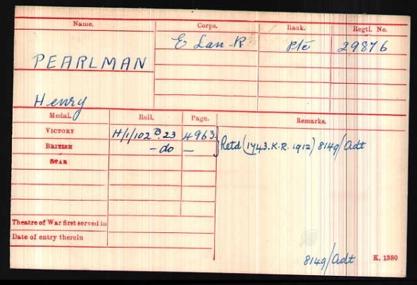 WW1 Medal Roll Index Card