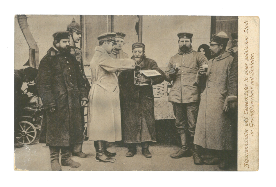 Cigarette Seller with soldiers in a Polish city