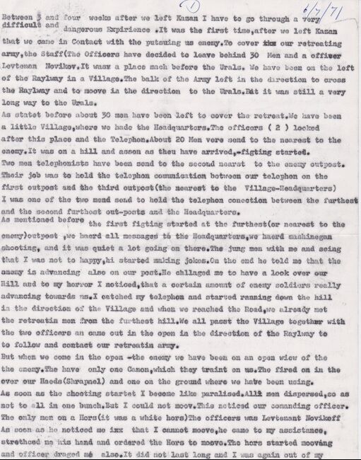Josef Hasenson memories about First World War. 15/01/1971