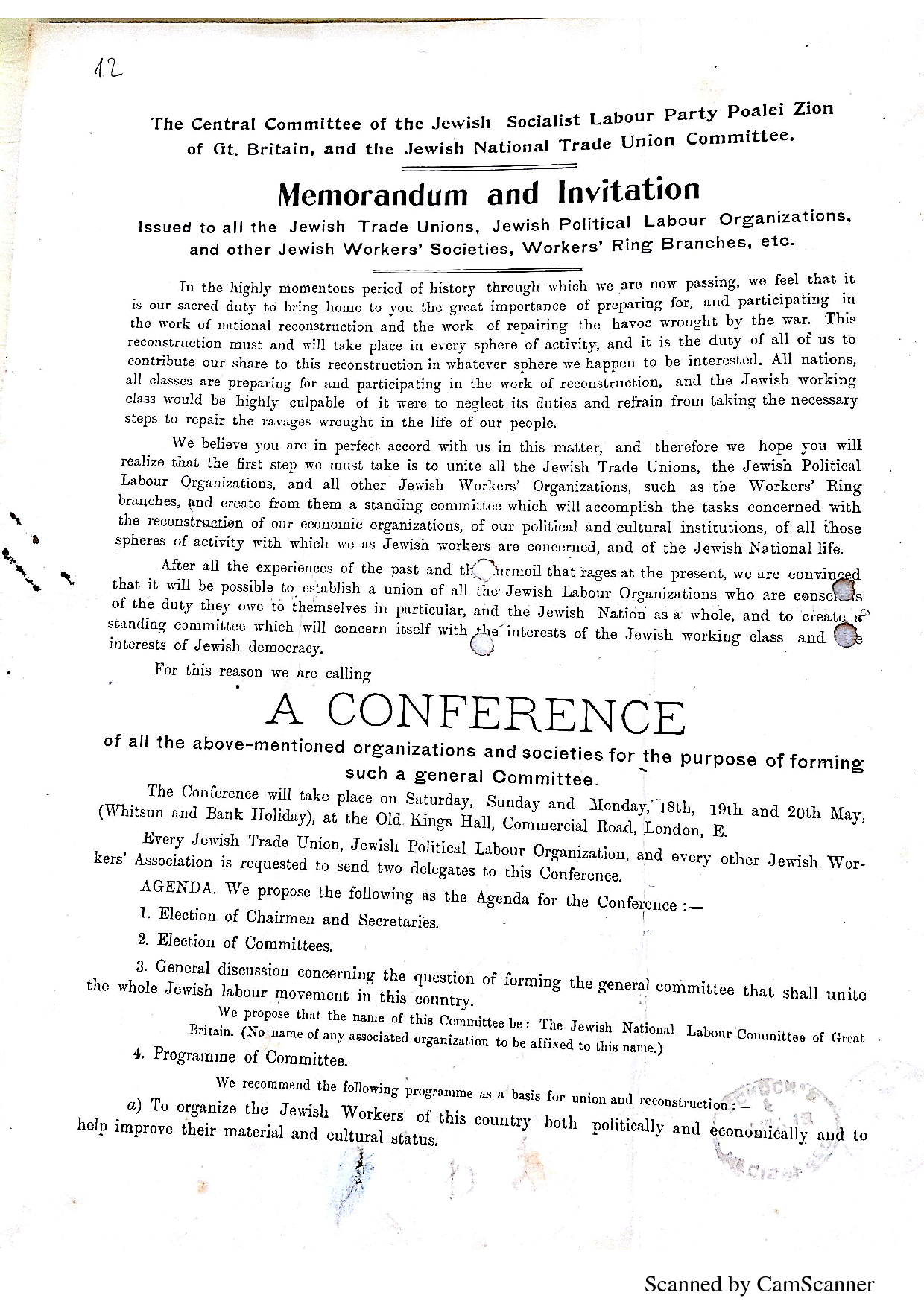Poale Zion leaflet. May 1918