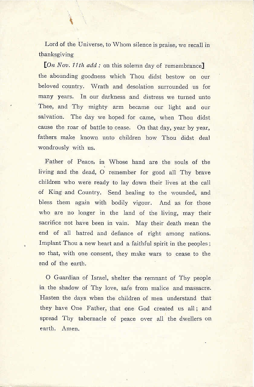 Armistice Day Prayer. Chief Rabbi. 1928